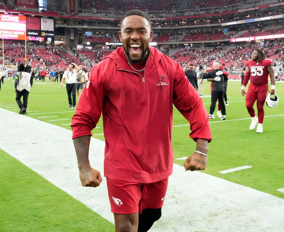 Arizona Cardinals safety Budda Baker celebrates their 28-16 win over the Dallas Cowboys at State Farm Stadium in Glendale on Set. 24, 2023.