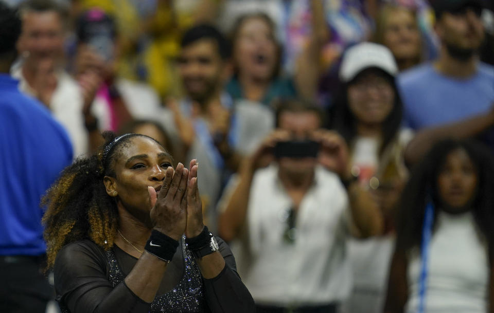 Serena Williams, of the United States, blows a kiss to the crowd after defeating Danka Kovinic, of Montenegro, during the first round of the US Open tennis championships, Monday, Aug. 29, 2022, in New York. (AP Photo/Charles Krupa)