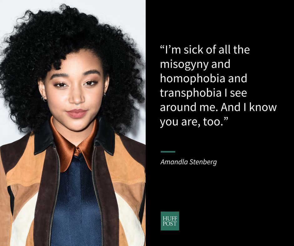 Stenberg, 18, said she i<a href="http://www.huffingtonpost.com/entry/amandla-stenberg-says-she-identifies-as-a-black-bisexual-woman_us_568ffe04e4b0c8beacf6d5a8" target="_blank">dentifies as a "black, bisexual woman"</a> in a January Snapchat takeover for Teen Vogue about being silenced and having to fight for your own identity.&nbsp;<br /><br />&ldquo;As someone who identifies as a black, bisexual woman, I&rsquo;ve been through it, and it hurts, and it&rsquo;s awkward and it&rsquo;s uncomfortable&hellip; but then I realized because of Solange and Ava DuVernay and Willow and all the black girls watching this right now, that there&rsquo;s absolutely nothing to change,&rdquo; she said.&nbsp;&ldquo;I&rsquo;m sick of all the misogyny and homophobia and transphobia I see around me. And I know you are, too.&rdquo;