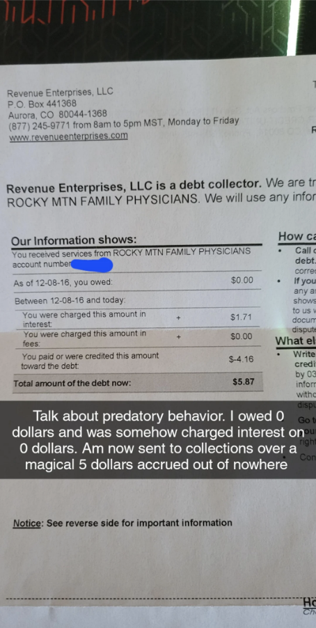 Summary of bill showing $0 owed, yet a $5 interest charge due to a clerical error