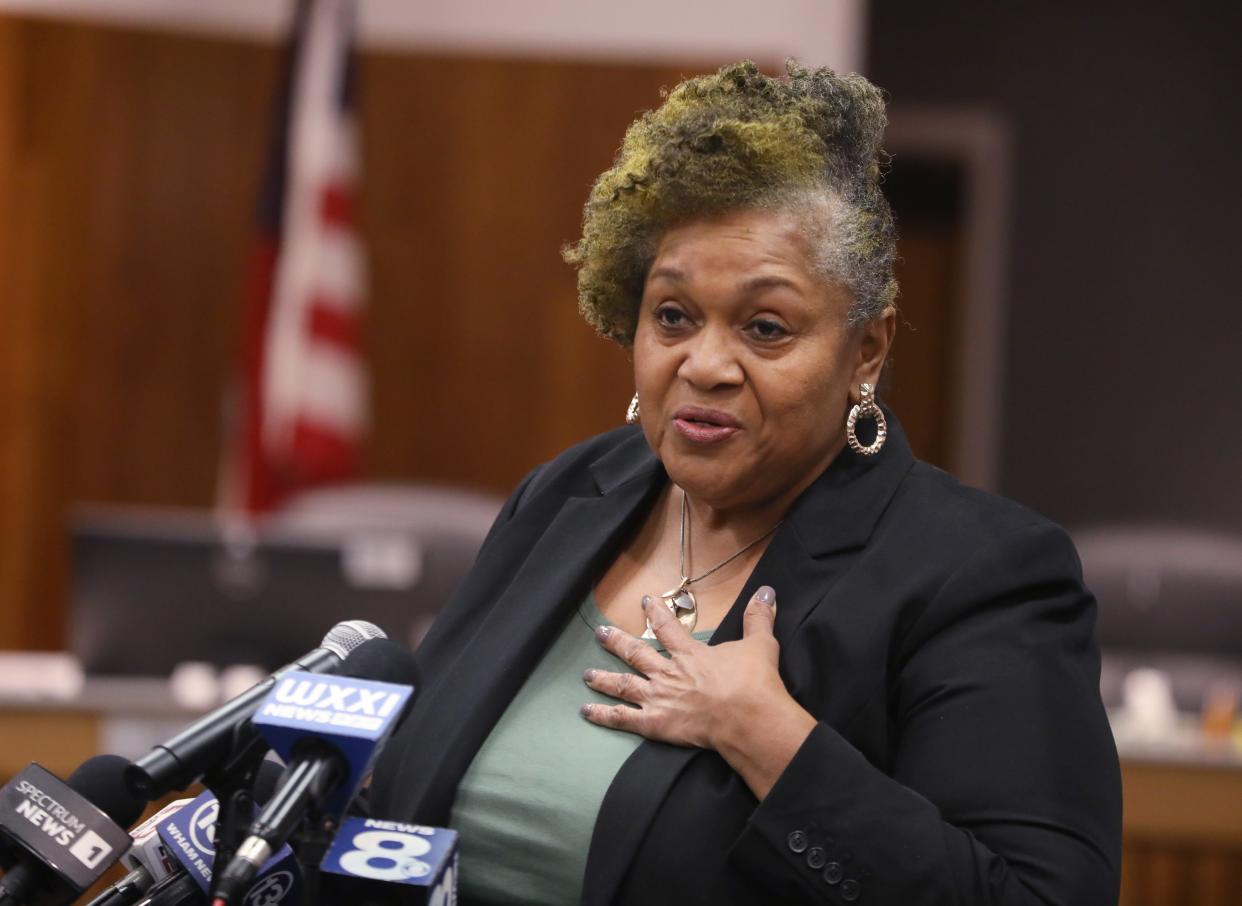 Rochester City School District Board of Eduction President Cynthia Elliott talks about her personal reaction to news that Superintendent Carmine Peluso was leaving for a job in the Churchville-Chili district, during a press conference at the Rochester City School District offices Wednesday, March 27, 2024.