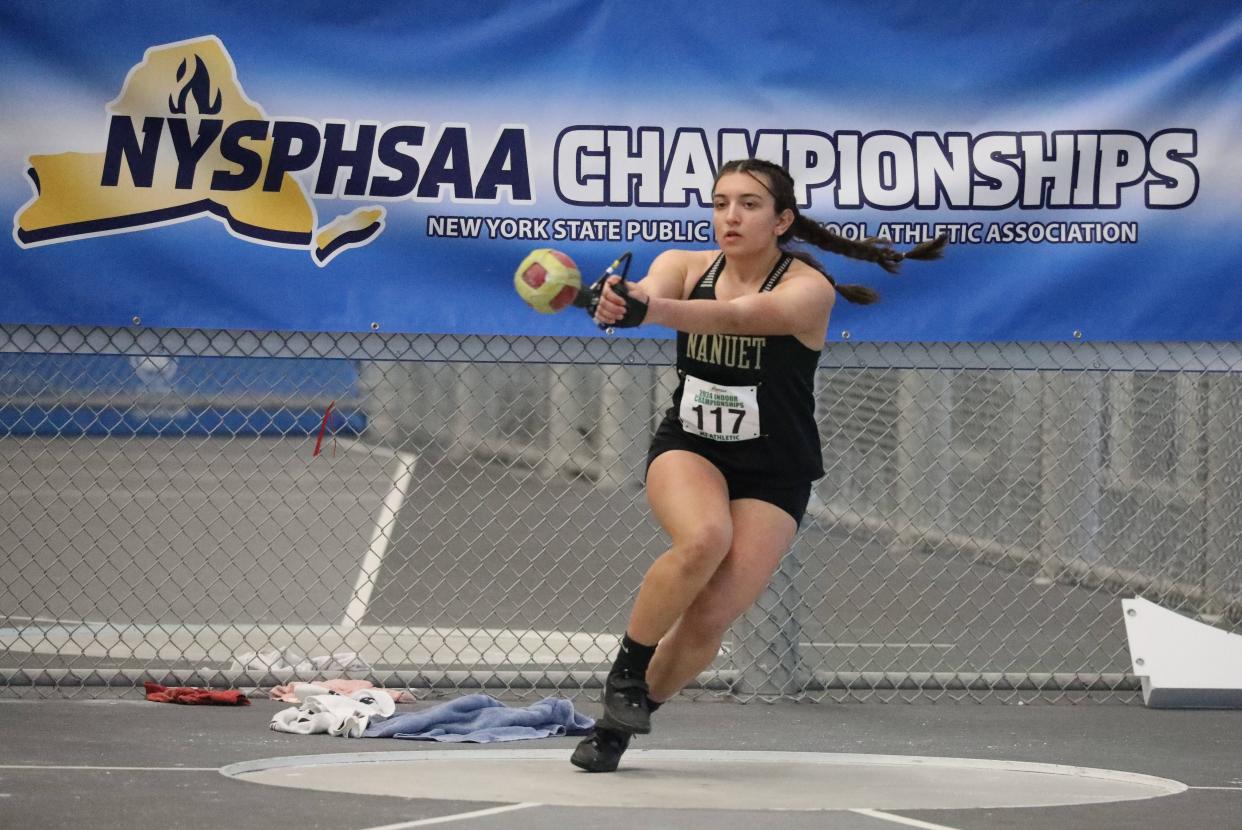 Gabriella Vizcarrondo from Nanuet competes in the girls weight throw at the 2024 New York State Indoor Track and Field Championships at the Ocean Breeze Athletic Complex in Staten Island, March 2, 2024.