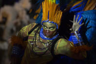 <p>A performer from the Beija Flor samba school parades during Carnival celebrations at the Sambadrome in Rio de Janeiro, Brazil, Monday, Feb. 27, 2017. (Photo: Mauro Pimentel/AP) </p>