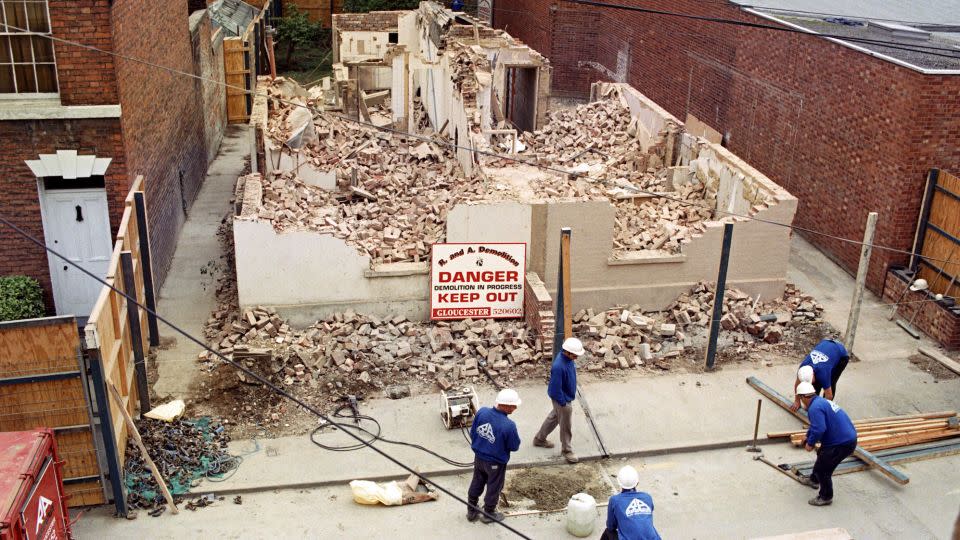 Fred and Rose West's home at 25 Cromwell Street in Gloucester, England, is seen mid-demolition. - Barry Batchelor/PA Images/Getty Images