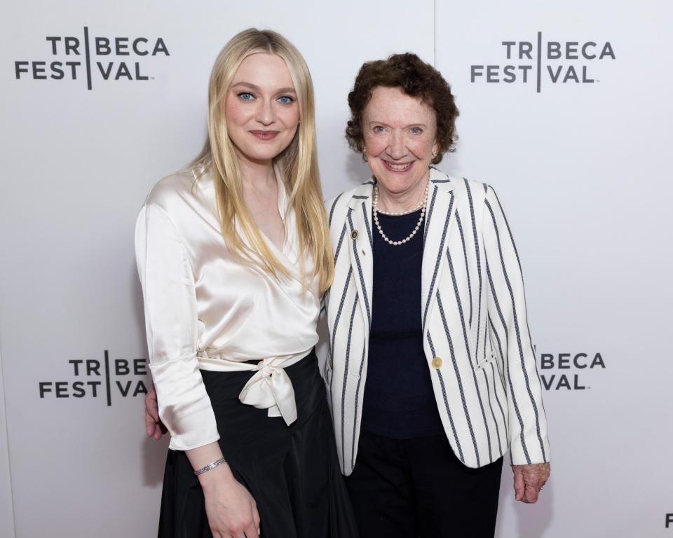 Executive producer Dakota Fanning and Dr. Ann Burgess attend the Tribeca Festival for the premiere of Hulu’s Mastermind: To Think Like a Killer in New York on June 7, 2024.