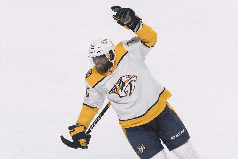 Nashville Predators' P.K. Subban reacts after his team's win over the Montreal Canadiens in an NHL hockey game in Montreal, Saturday, Jan. 5, 2019. (Graham Hughes/The Canadian Press via AP)