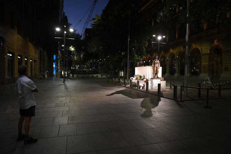 The Cenotaph is seen on Anzac Day at an empty Martin Place in Sydney.