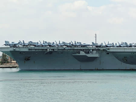 U.S. aircraft carrier the USS Abraham Lincoln is pictured while it travels through the Suez Canal in Egypt May 9, 2019 in this picture obtained from social media. Bud Kinsey/via REUTERS