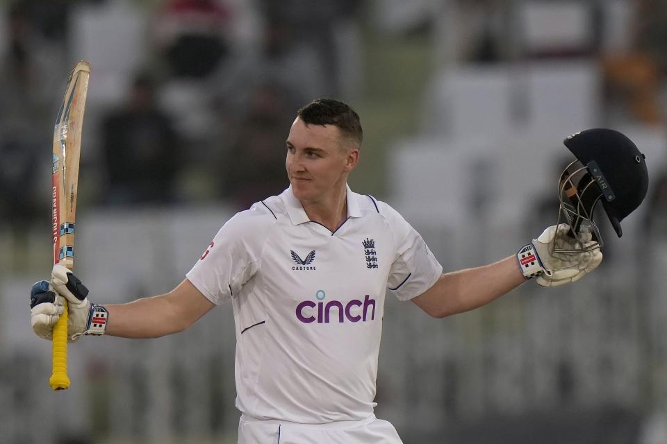 England's Harry Brook celebrates after scoring century during the first day of the first test cricket match between Pakistan and England, in Rawalpindi, Pakistan, Dec. 1, 2022. (AP Photo/Anjum Naveed)