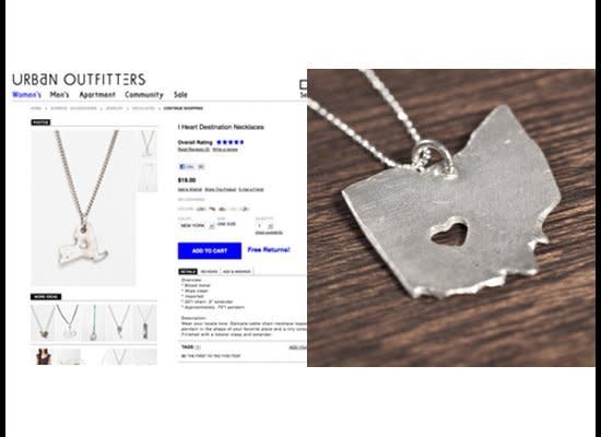 In May 2011, an independent jewelry designer accused Urban Outfitters of stealing her designs. She wrote on her blog: "I understand that they are a business, but it's not cool to completely rip off an independent designer's work." Urban pulled the collection.     (<a href="http://imakeshinythings.tumblr.com/post/5855716317/not-cool-urban-outfitters-not-cool" target="_hplink">I Make Shiny Things</a>)     