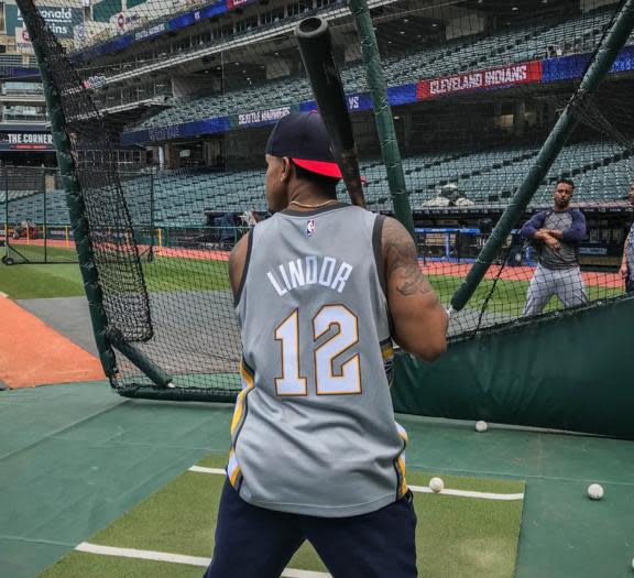 Indians star Francisco Lindor supported the Cavs by sporting a custom ‘The Land’ in BP. Then he hit a leadoff homer. (Indians)