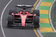 Ferrari driver Charles Leclerc of Monaco races his car during a practice session ahead of the Australian Formula One Grand Prix at Albert Park in Melbourne, Friday, March 31, 2023. (AP Photo/Asanka Brendon Ratnayake)