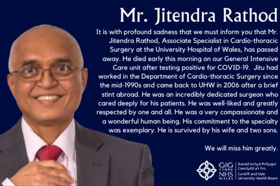 Jitendra Rathod, associate specialist in cardio-thoracic surgery at University Hospital of Wales died from Covid-19 (PA)