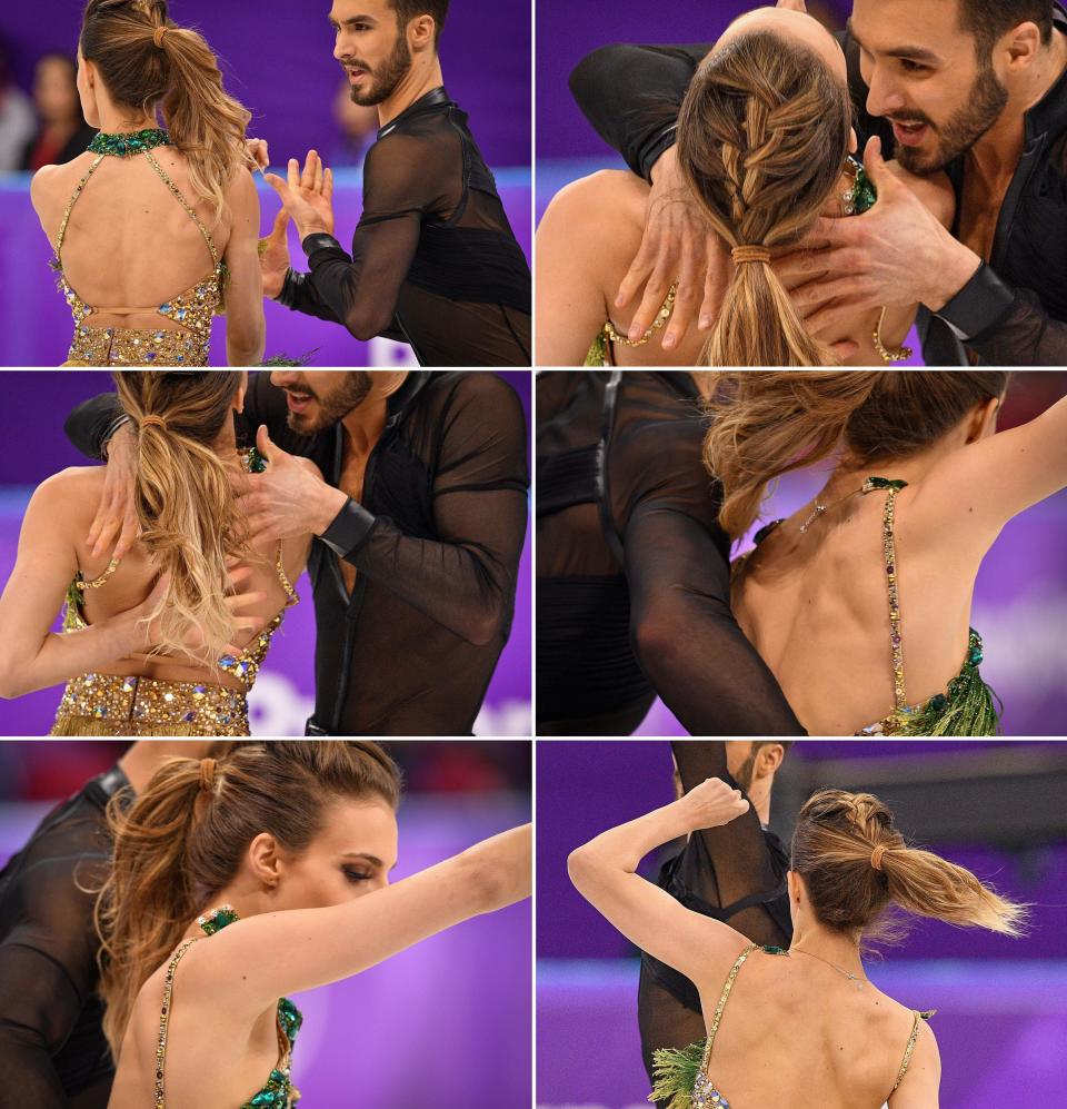 Photos show&nbsp;France's Guillaume Cizeron performing with Gabriella Papadakis as the back fastening of her costume came&nbsp;undone during the ice dance short dance of the figure skating event during the Pyeongchang 2018 Winter Olympic Games on February 19, 2018. (Photo: MLADEN ANTONOV via Getty Images)