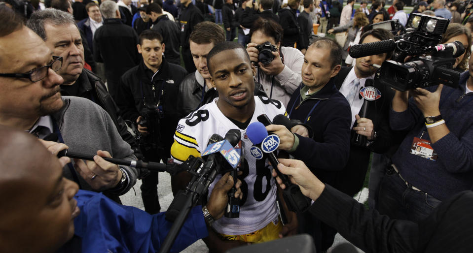 FILE - Then-Pittsburgh Steelers' Emmanuel Sanders answers questions during media day for NFL football Super Bowl XLV in Arlington, Texas, in this Tuesday, Feb. 1, 2011, file photo. New Orleans Saints first-year receiver Emmanuel Sanders is trying to reach his fourth Super Bowl with a fourth different team.(AP Photo/David J. Phillip, File)