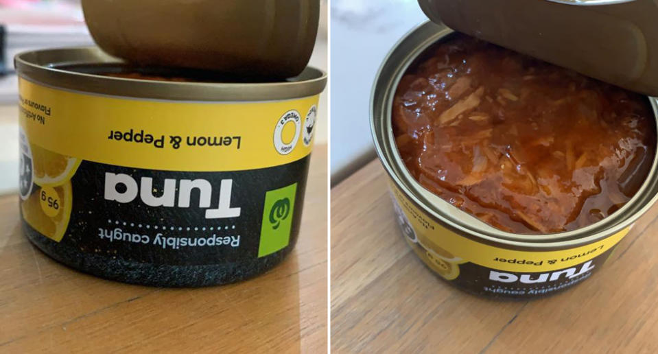 Pictured is a tin of Woolworths lemon and pepper tuna.