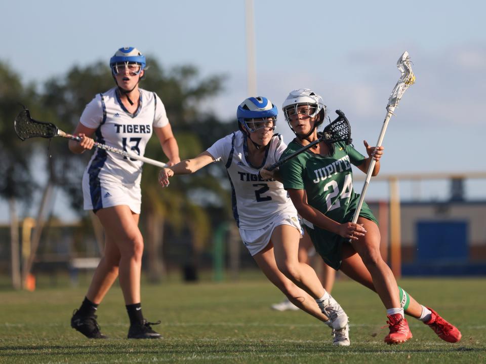 Martin County plays Jupiter in a high school girls lacrosse District 13-2A championship game Wednesday, April 17, 2024, in Stuart. Martin County won 16-14.