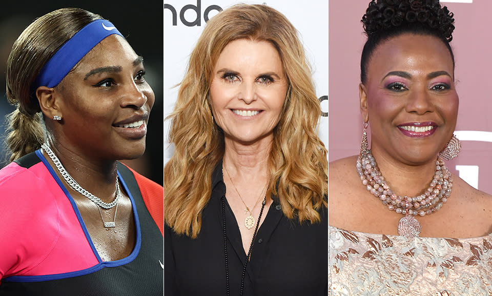 From left: Serena Williams, Maria Shriver and Bernice King are among the celebrities who have shared their support for the Duke and Duchess of Sussex. (Photo: Getty Images)