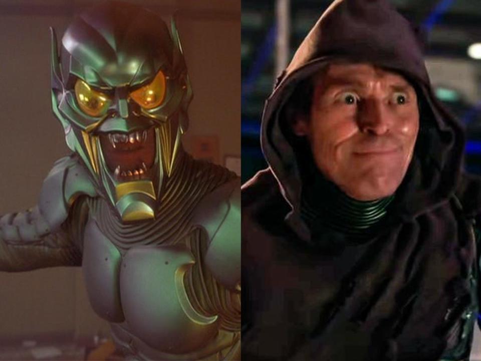 On the left: Willem Dafoe wearing a Green Goblin mask and suit in "Spider-Man." On the right: Dafoe wearing a hooded Green Goblin costume in "Spider-Man: No Way Home."