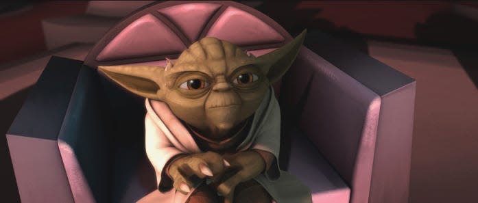 Diminutive but mighty Jedi master Yoda considers a difficult proposition in a scene from STAR WARS: THE CLONE WARS.