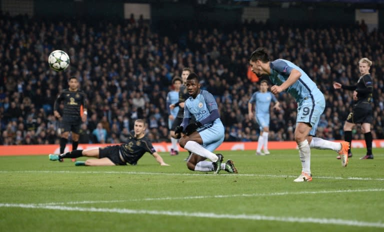 Manchester City's midfielder Nolito (R) scores but is ruled to be off-side during the UEFA Champions League group C football match between Manchester City and Celtic on December 6, 2016