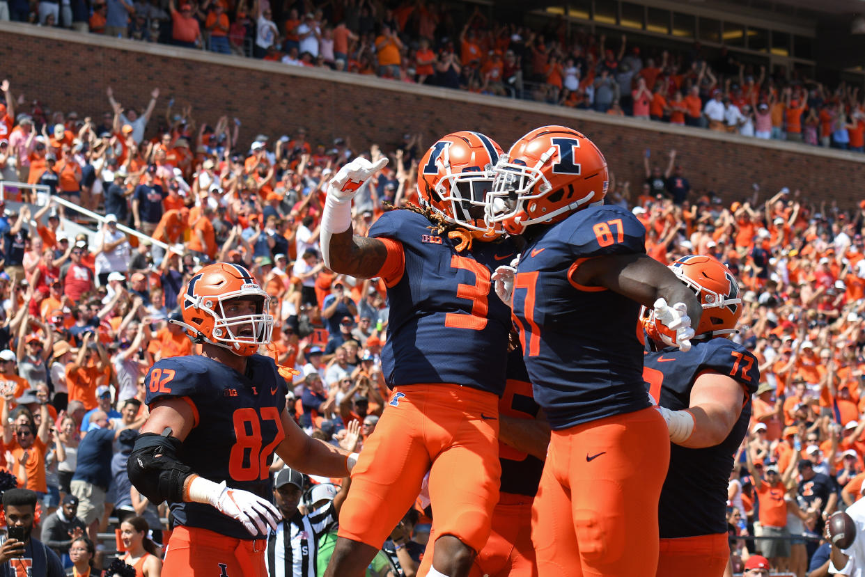 Illinois Fighting Illini running back Jakari Norwood (3) and tight end Daniel Barker (87) celebrate in the end zone during a win over Nebraska. (Photo by Michael Allio/Icon Sportswire via Getty Images)