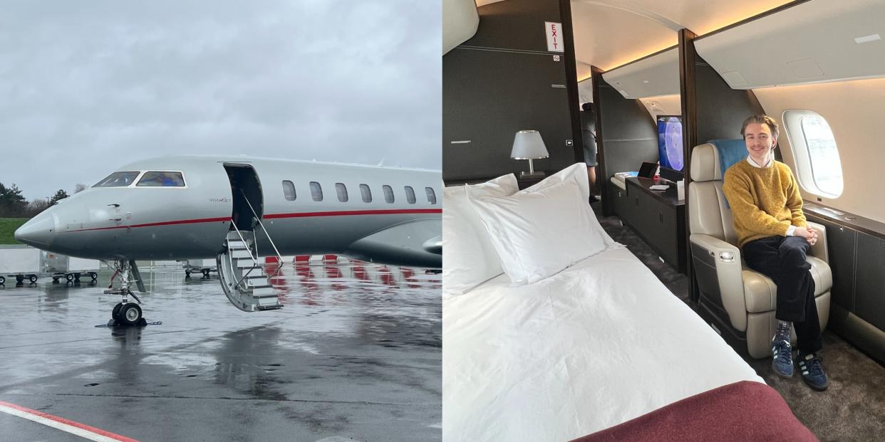 A collage of a VistaJet Bombardier Global 7500 and Pete Syme on board sat next to the bed.