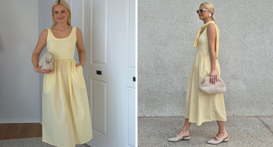 Creator Zeljka Abaza shares how she styles the butter yellow version of the Kmart Sleeveless Knit Woven Midi Dress. Photo: Supplied/@stylingwithzee