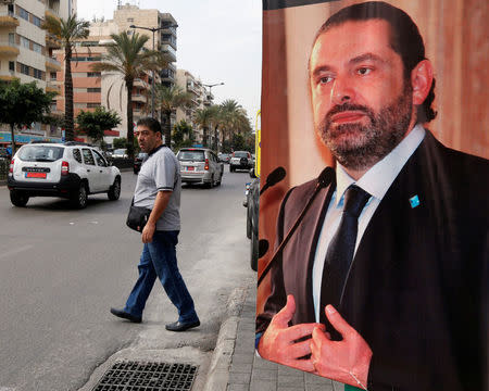 A poster depicting Saad al-Hariri, who has resigned as Lebanon's prime minister is seen in Beirut, Lebanon, November 13, 2017. REUTERS/Mohamed Azakir