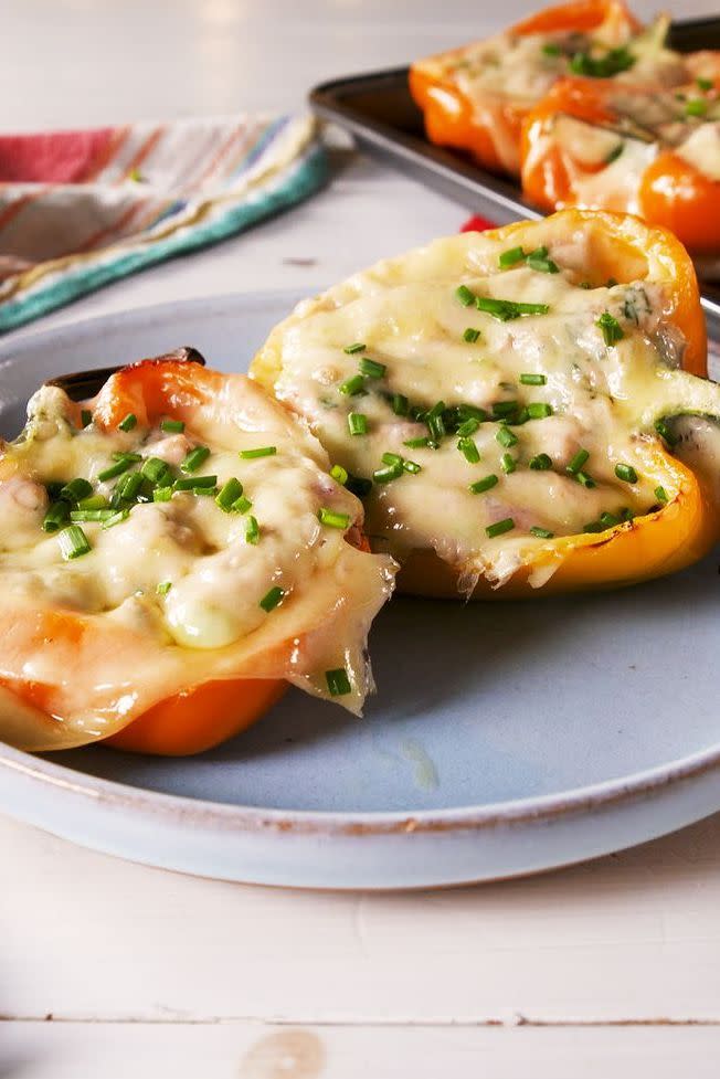 <p>These breadless <a href="https://www.delish.com/uk/cooking/recipes/a29185033/tuna-melt-recipe/" rel="nofollow noopener" target="_blank" data-ylk="slk:tuna melts" class="link ">tuna melts</a> are a major low-carb win. Packed with protein and a serving of veggies, these <a href="https://www.delish.com/uk/cooking/recipes/a30595799/creamy-chicken-stuffed-peppers-recipe/" rel="nofollow noopener" target="_blank" data-ylk="slk:stuffed peppers" class="link ">stuffed peppers</a> will keep you satisfied for hours.</p>Get the <a href="https://www.delish.com/uk/cooking/recipes/a31182825/bell-pepper-tuna-melts-recipe/" rel="nofollow noopener" target="_blank" data-ylk="slk:Bell Pepper Tuna Melts" class="link ">Bell Pepper Tuna Melts</a> recipe.