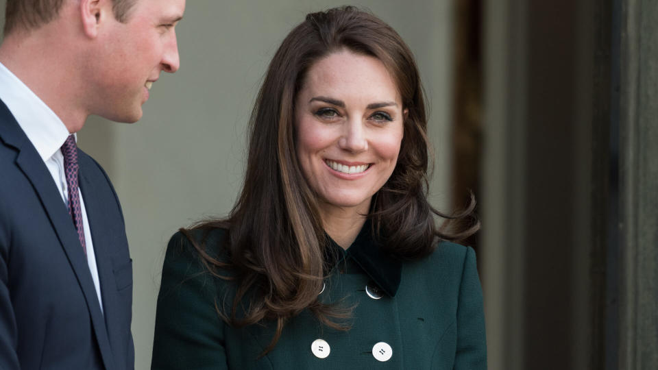 Paris, FRANCE - March 16, 2017 : The Duchess of Cambridge Kate Middleton at the Elysee Palace with her husband the Duke of Cambidge to speak with the French President.