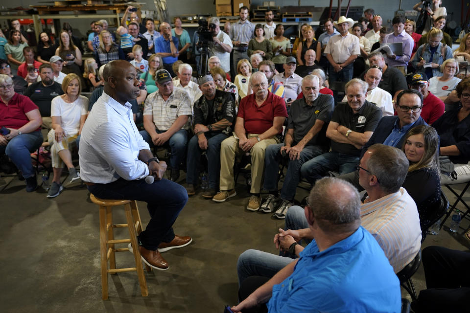 FILE - Republican presidential candidate South Carolina Sen. Tim Scott speaks during a town hall meeting, Wednesday, May 24, 2023, in Sioux City, Iowa. (AP Photo/Charlie Neibergall, File)