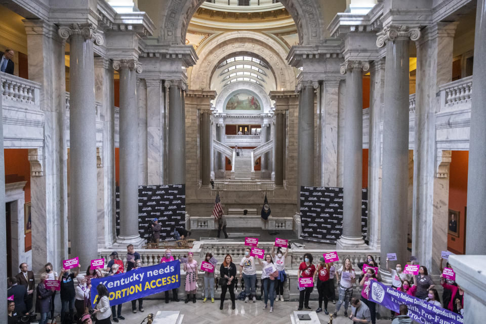 FILE - Protesters gather at the Kentucky state Capitol in Frankfort, Ky., on April 13, 2022. Republicans and their anti-abortion allies, who suffered a series of defeats in ballot questions in states across the political spectrum in 2022, are changing tactics as new 2023 legislative sessions and the new election season start. (Ryan C. Hermens/Lexington Herald-Leader via AP, File)