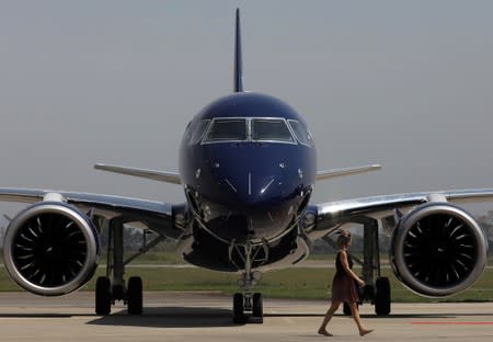 E2-195 plane with Brazil's No. 3 airline Azul SA logo is seen during a launch event in Sao Jose dos Campos