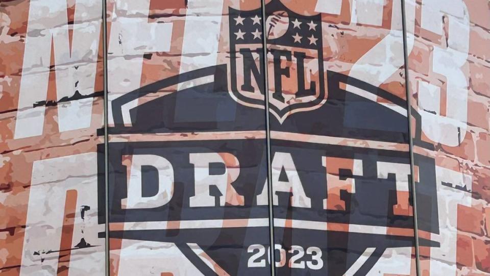 A sign in Kansas City, Mo., advertises the 2023 NFL draft.