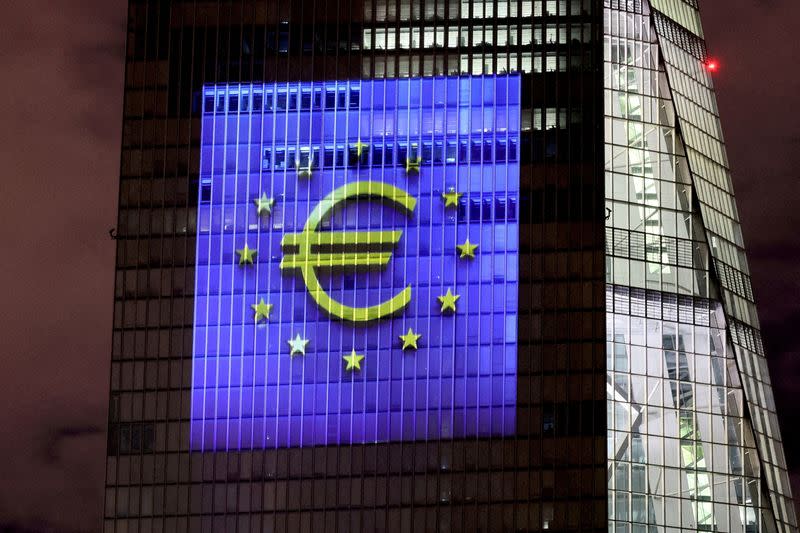 FILE PHOTO: Illumination at ECB headquarters for the Euro's 20th anniversary in Frankfurt, Germany