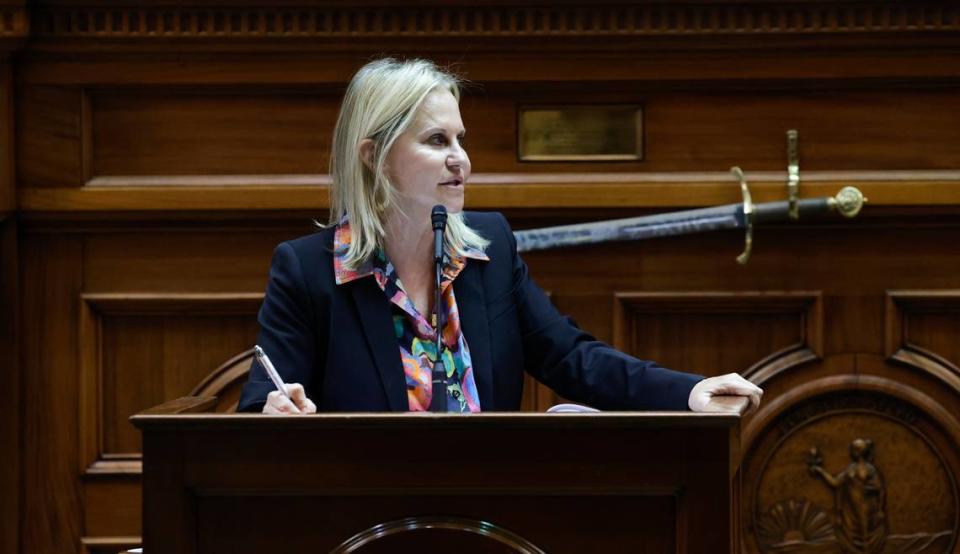 Sen. Sandy Senn, R-Charleston has a discussion with Sen. Tom Davis, R-Beaufort about the ban on abortions on Wednesday April 26, 2023 in the South Carolina State House.