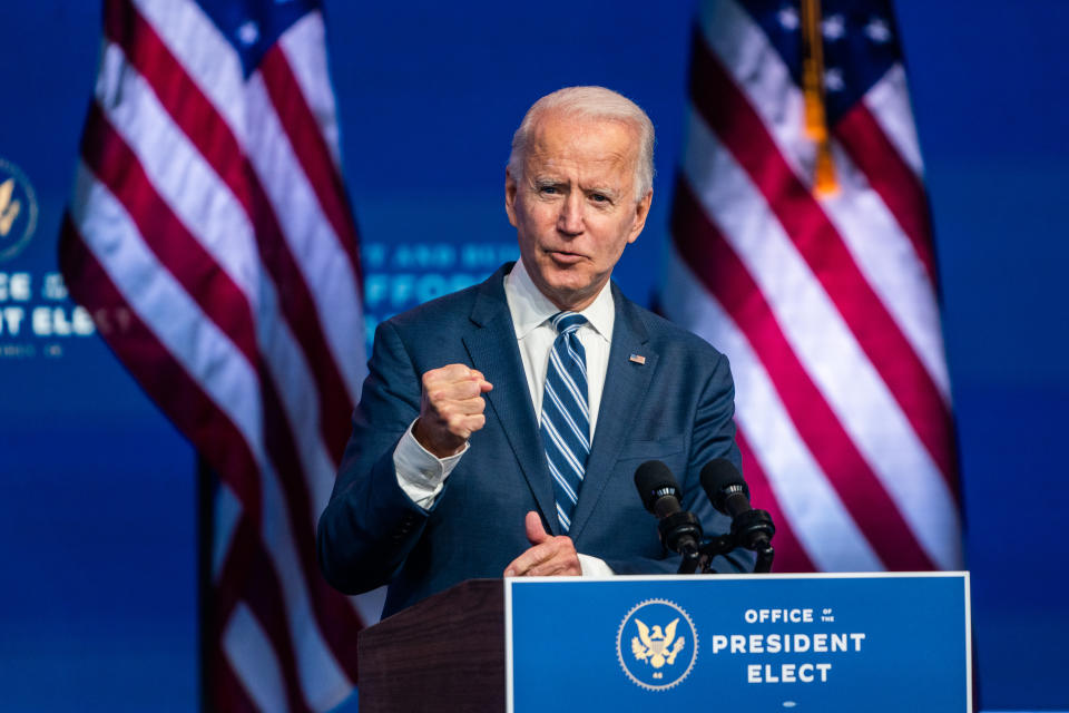 WILMINGTON, DE  November10, 2020:  President- elect Joe Biden answer questions from the press at the Queen in Wilmington, DE on November 10, 2020.  (Photo by Demetrius Freeman/The Washington Post via Getty Images)