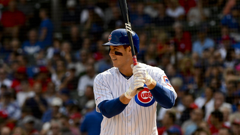 Chicago Cubs' Anthony Rizzo (44) bats during the first inning of a baseball game against the St. Louis Cardinals Friday, Sept. 20, 2019, in Chicago. (AP Photo/Matt Marton)