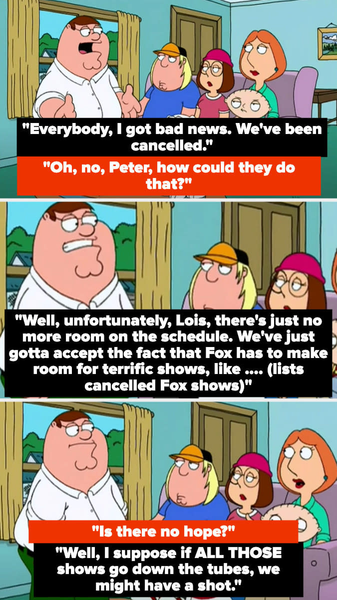 Peter saying Fox canceled them because there wasn't any more room on the schedule, because they needed to make room for terrific shows like (lists canceled Fox shows), then says maybe if they ALL get canceled, "Family Guy" will have a shot