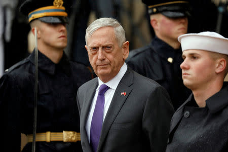 FILE PHOTO: U.S. Defense Secretary James Mattis waits to welcome Chinese Minister of National Defense Gen. Wei Fenghe to the Pentagon in Arlington, Virginia, U.S., November 9, 2018. REUTERS/Yuri Gripas/File Photo