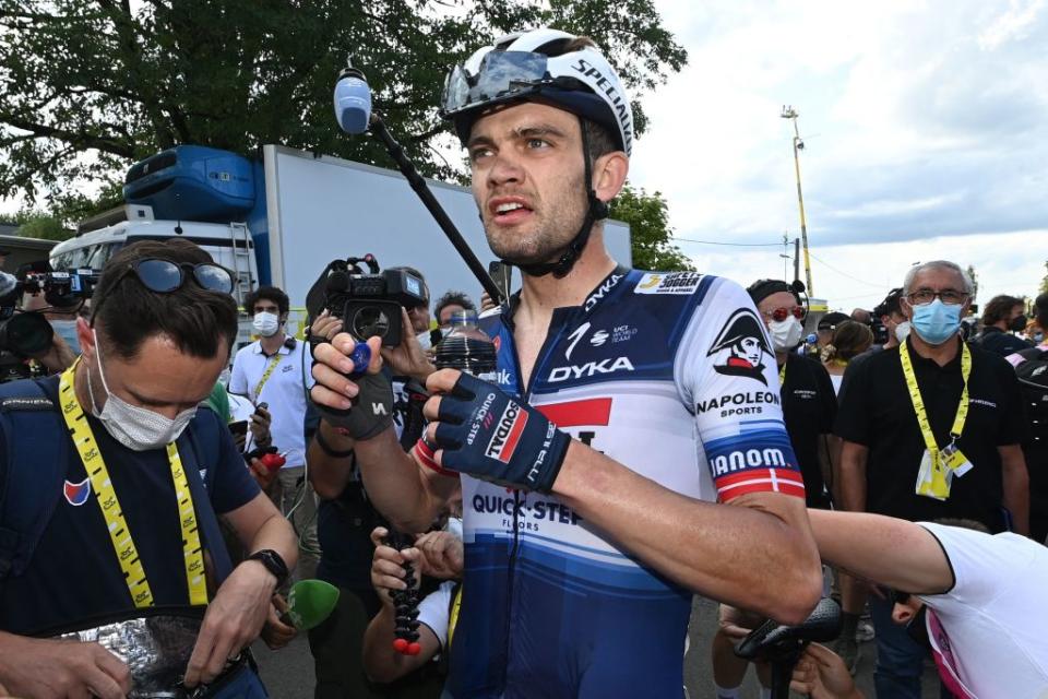 Soudal QuickSteps Danish rider Kasper Asgreen C reacts in the finish area after the 19th stage of the 110th edition of the Tour de France cycling race 173 km between MoiransenMontagne and Poligny in the Jura department of centraleastern France on July 21 2023 Photo by Tim De Waele  POOL  AFP Photo by TIM DE WAELEPOOLAFP via Getty Images