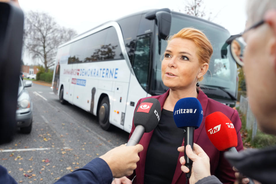 Head of the Denmark Democrats Inger Stojberg speaks to the media prior to voting, in Hadsund, Jutland, Denmark, Tuesday, Nov. 1, 2022. Polling stations have opened across Denmark in elections expected to change the Scandinavian nation’s political landscape, with new parties hoping to enter parliament and others seeing their support dwindle. (Henning Bagger/Ritzau Scanpix via AP)