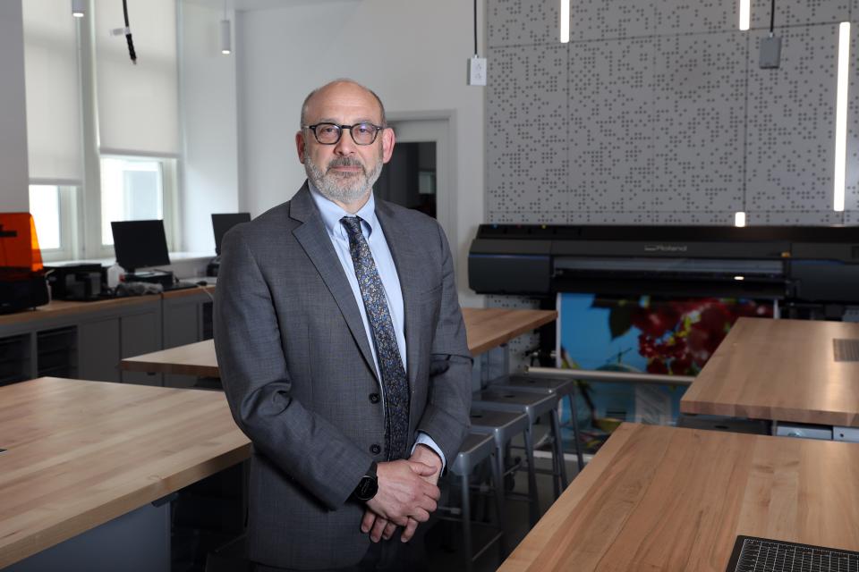 Robert Shaps, superintendent of the Mamaroneck Union Free School District, in the new STEM focused CoLAB for engineering, design, and computer science courses at Mamaroneck High School, May 4, 2023. Shaps will retire Dec. 31 after 13 years as Mamaroneck's superintendent. 