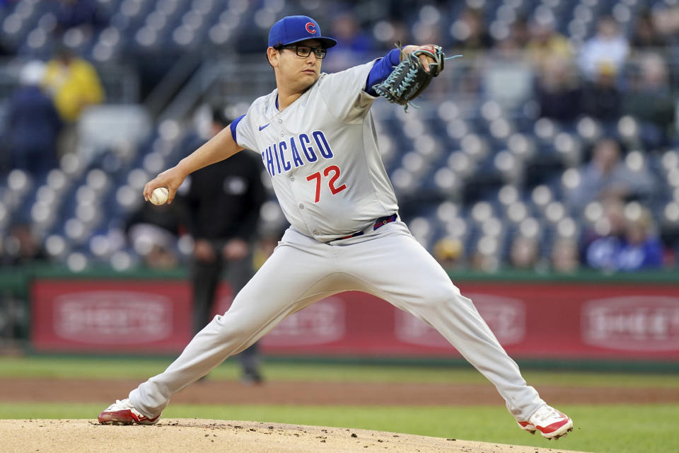 Chicago Cubs starting pitcher Javier Assad delivers during the first inning of a baseball game against the Pittsburgh Pirates, Friday, May 10, 2024, in Pittsburgh. (AP Photo/Matt Freed)