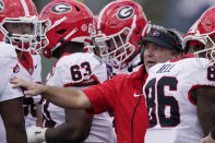 Georgia head coach Kirby Smart gives instruction to his players in the second half of an NCAA college football game against Vanderbilt, Saturday, Oct. 14, 2023, in Nashville, Tenn. (AP Photo/George Walker IV)