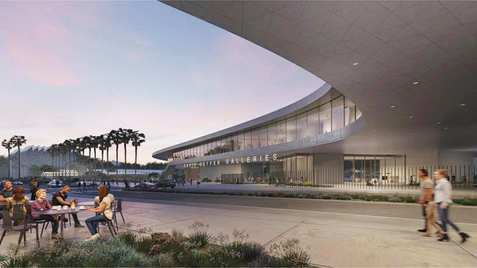 A rendering of the soon-to-be-completed main LACMA exhibition hall, named the David Geffen Galleries after the lead donor