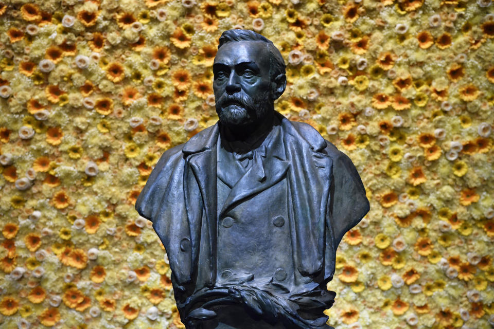 FILE - In this Monday, Dec. 10, 2018 file photo, a bust of the Nobel Prize founder, Alfred Nobel on display at the Concert Hall during the Nobel Prize award ceremony in Stockholm. In the early days of the Nobel Prizes, the lack of diversity among winners could be explained by the lack of diversity among scientists in general. But today critics say the judges need to do a better job at highlighting discoveries made by women and scientists outside Europe and North America. (Henrik Montgomery/Pool Photo via AP, File)