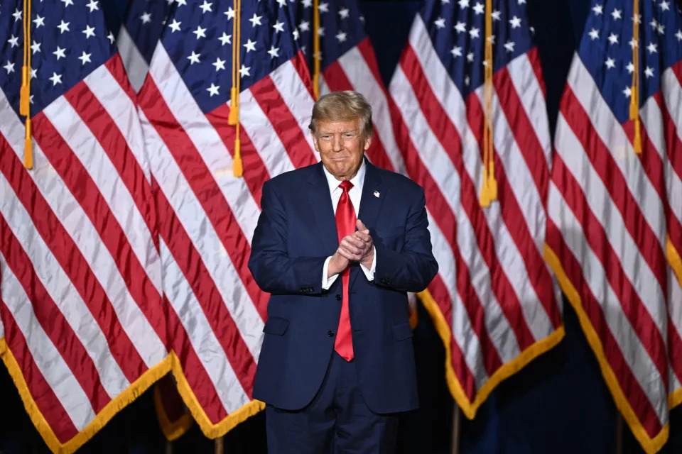 TOPSHOT - Former US President and Republican presidential hopeful Donald Trump attends a watch party during the 2024 Iowa Republican presidential caucuses in Des Moines, Iowa, on January 15, 2024. Trump told Americans Monday 