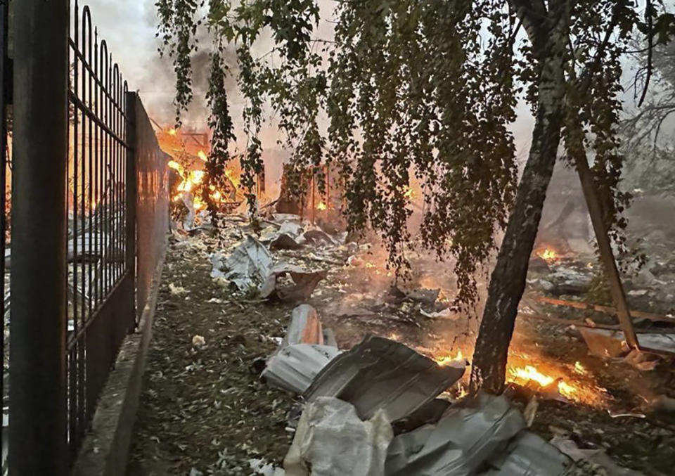 In this photo provided by the Kyiv City Hall Press Service, a fire following a Russian rocket attack is seen in Kyiv, Ukraine, Thursday, Sept. 21, 2023. (Kyiv City Hall Press Service via AP)